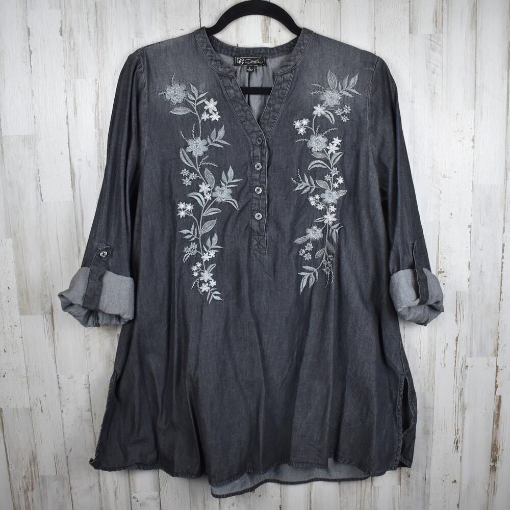 DG2 Diane Gilman Boho Blouse Large Gray Floral Embroidered Henley Roll Tab Shirt